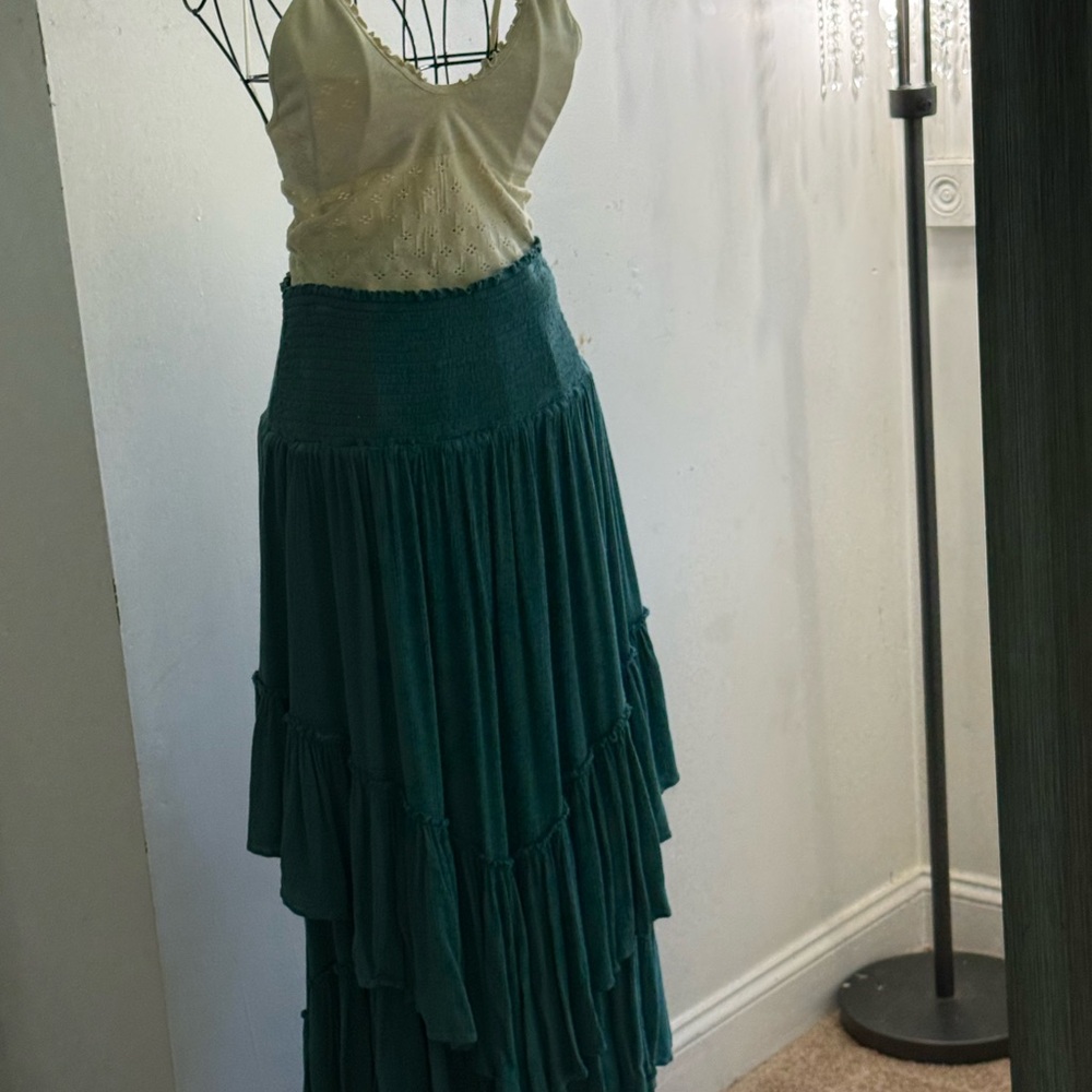 Free People Green Tiered Maxi Skirt Cocktail with Yellow Inlet Detail Cami
